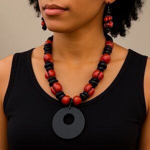 Coffee bean Necklace earrings set wood disc pendant vintage 26”